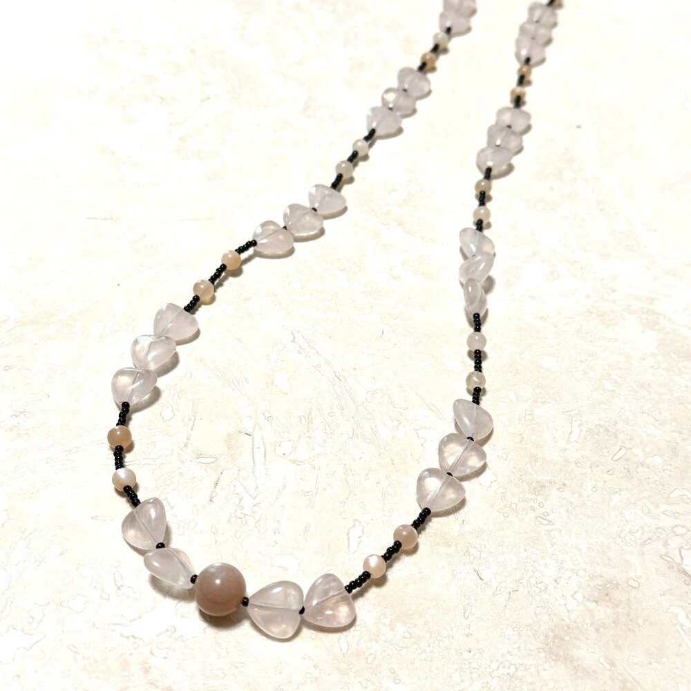 Genuine Peach Moonstone & Rose Quartz Heart Long Necklace, Natural Gemstone Rope